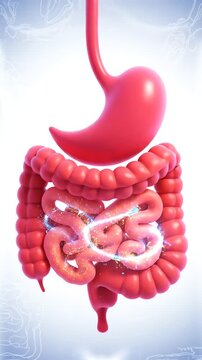 3D Animation Of Human Digestive System With Glowing Particles Moving Through Intestines On Soft Blue Background For