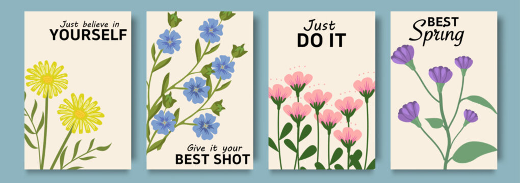 Set of floral motivational spring cards with colorful flowers and inspirational quotes on pastel backgrounds