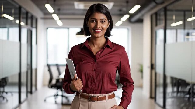 Confident Businesswoman in Modern Office: A poised businesswoman strides confidently through a bright, contemporary office, holding a tablet and radiating professionalism.