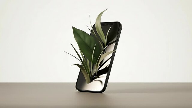 Abstract smartphone and leaf icon representing unplugging, calm focus, and digital wellbeing.
