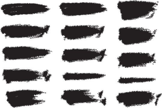 Set of grungy black ink brush strokes, textured vector paint swashes 