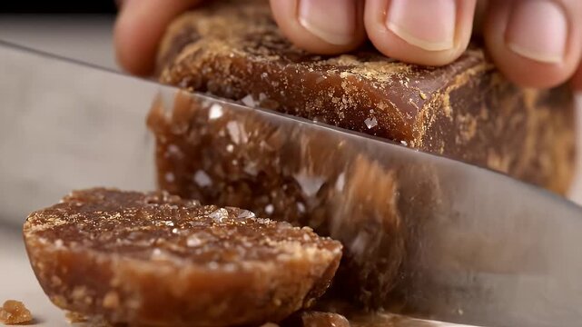 Close Up Shot of a Chef's Hands Slicing a Large Block of Unrefined Coconut Palm Sugar With a Shiny Metal Knife on a