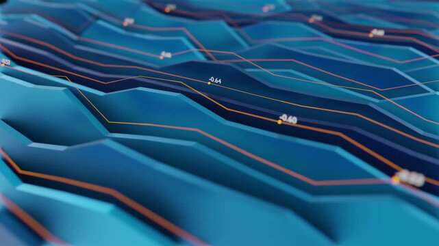 Futuristic 3D business infographic with animated blue data charts and depth of field