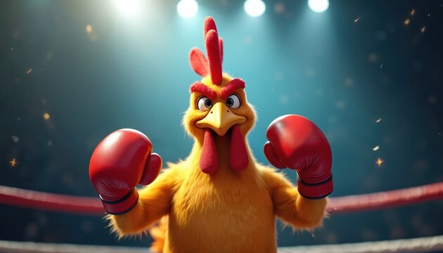 Furious cartoon chicken wearing boxing gloves and red shorts stands in fighting stance on ring. Yellow bird looks ready to punch opponent with aggressive angry expression.