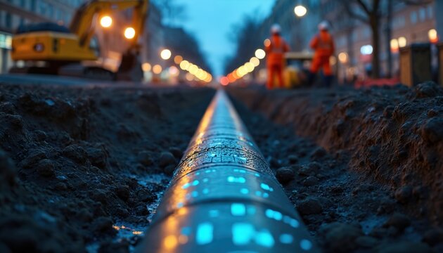 New underground pipeline installed with blue and yellow lights. Excavation trench with workers and machinery visible. Utility construction project for future infrastructure development.
