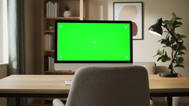 Modern home office setup with a desktop computer displaying a green screen, ready for creative work or custom content