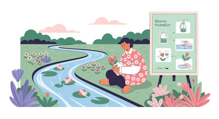 Naklejka premium Woman in kimono tending to plants by a flowing river.