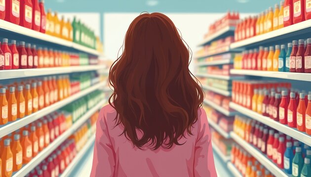 Woman walks through grocery store aisles, choosing products from shelves stocked with colorful items. Deciding on purchases in retail environment. Scene shows consumer making choices in supermarket.