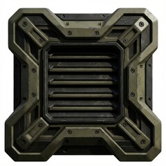 Obraz premium Detailed 3D render of a weathered military-style metal ventilation grille. Perfect for sci-fi game assets or technology backgrounds.