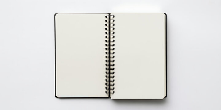 Top view of an open spiral notebook with blank white pages isolated on white background, minimalist stationery mockup for writing and sketching ideas