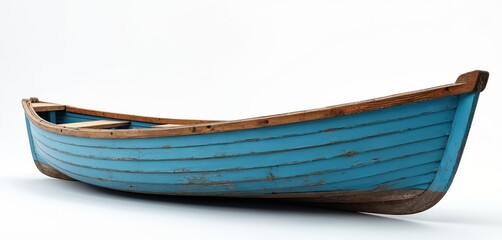 Obraz premium Small blue wooden rowboat rests on white background. Empty vintage vessel has weathered paint and natural wood trim. Ideal for nautical or travel themes.