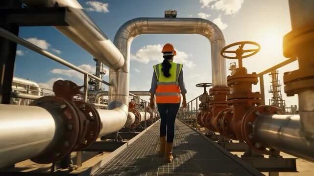 Female engineer walking through industrial refinery pipelines