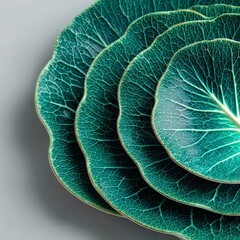Fototapeta premium Stacked green ceramic cabbage leaf plates evoke natural elegance for modern dining, food styling, and kitchen decor in eco-conscious or farm-to-table contexts