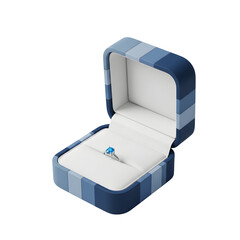 Open blue striped ring box with a small blue gem ring inside jewelry box engagement ring isolated on a transparent background