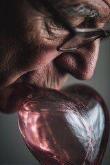 Symbolic portrait of senior man expressing love and affection by kissing glass heart, emphasizing aging, vulnerability, and emotional connection in minimalist context