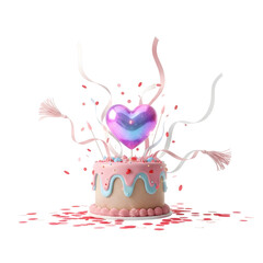 Pink and blue frosted cake with heart topper and streamers confetti birthday cake celebration cake isolated on a transparent background