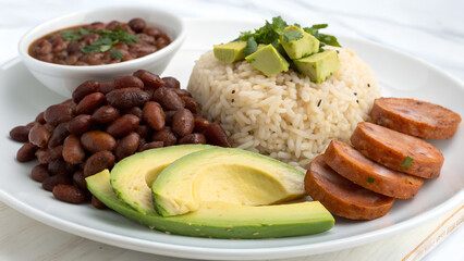 A plated variation highlighting beans, rice, avocado and sausage side.