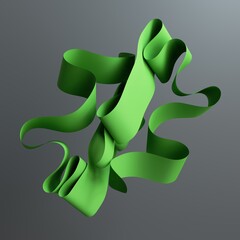 Bright green folded strips wrap and curl in a playful and bold composition, eye-catching geometric render. 3D render illustration.