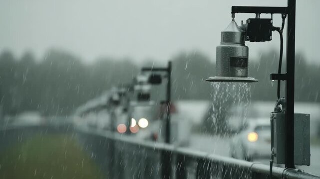 Medium shot of rainfall gauges on an automated weather station collecting precipitation data during overcast conditions.