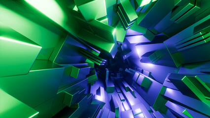 Fototapeta premium 3D rendering. Abstract blue and green geometric background. Metal blocks illuminated with blue and green neon light