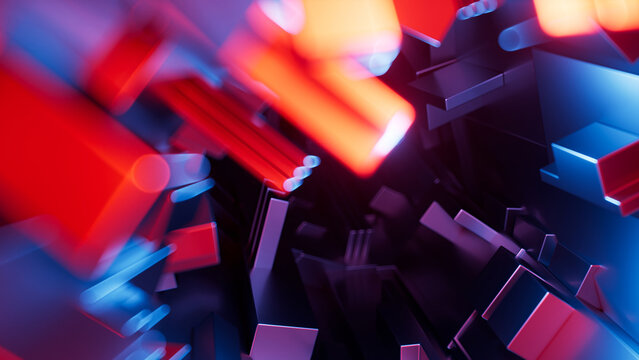 3D rendering. Abstract geometric background, complex metal construction illuminated with blue and red neon light.