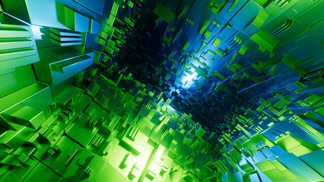 3D rendering of an abstract geometric background. Metallic blocks illuminated by blue and green neon lights with depth of field effect.