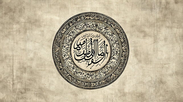 An intricate circular emblem featuring Arabic calligraphy on a textured, aged parchment background viewed from a straightforward perspective