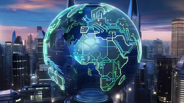 Global network illuminated on digital globe over cityscape background at dusk