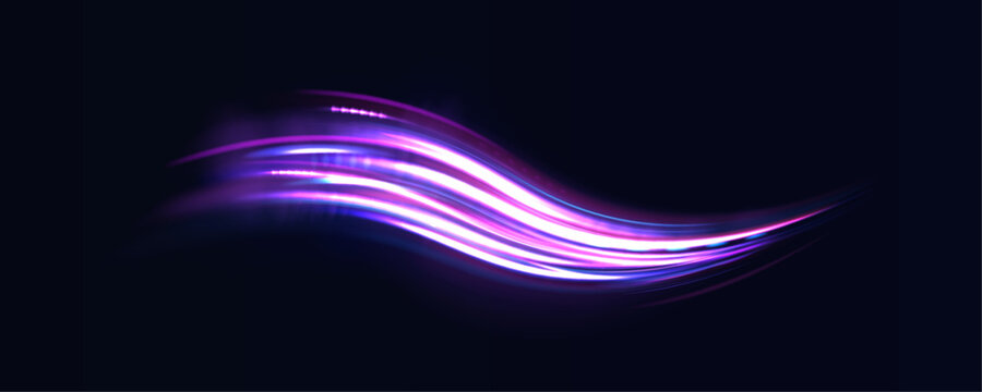 Magenta and purple neon streaks ripple over a city skyline, forming dynamic high-speed trails and glowing sparks.
