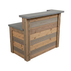 Rustic wooden reception desk with gray countertop and background reclaimed wood isolated on a transparent background