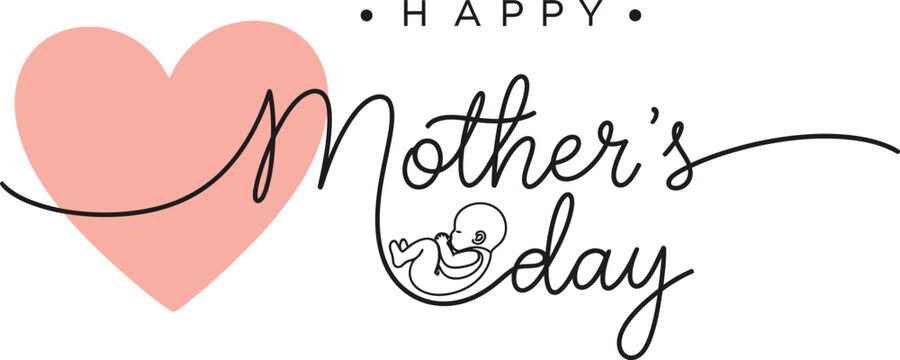 A delicate illustration features a pink heart and elegant cursive typography spelling out mother s day with decorative flourishes high quality