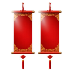 Two Red Chinese Scrolls with Golden Ornate Borders and Tassels graphic design isolated on a transparent background