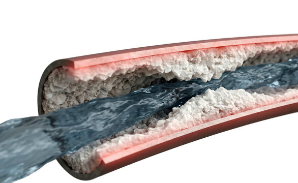 3D cross-section of a clogged water pipe with thick calcium mineral deposits and limescale buildup reducing water flow.