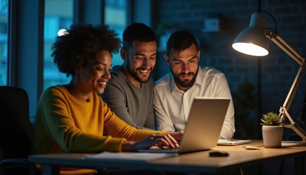 Diverse team of three coworkers laugh while working late on laptop in dim office. People collaborate on project using computer at desk with lamp. Focused professionals share idea at night.