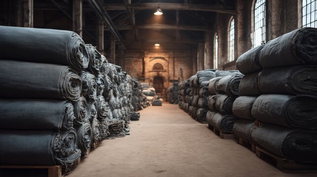 Industrial warehouse with stacked denim fabric rolls. Old textile mill interior with piles of gray-blue fabric on pallets, long aisle, brick walls, tall arched windows, overhead lights.