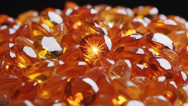 Closeup of amber colored shiny gemstones.