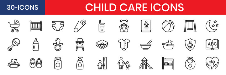 Child Care Baby Infant Nursery Equipment Line Icons