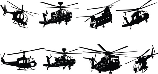 Large collection of black military helicopter silhouettes featuring attack transport and utility choppers flying in various angles isolated on white background for aviation design © Horgobinda