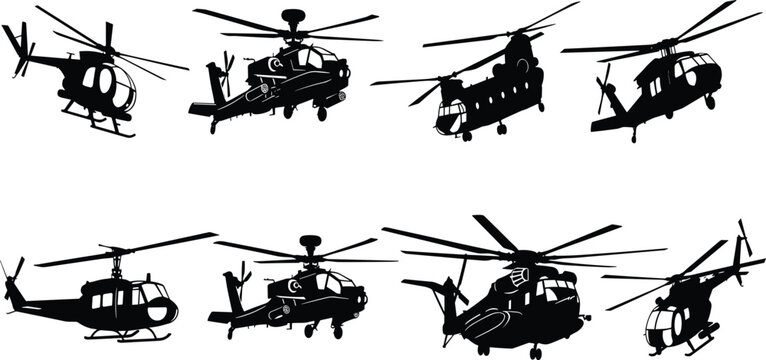 Large collection of black military helicopter silhouettes featuring attack transport and utility choppers flying in various angles isolated on white background for aviation design