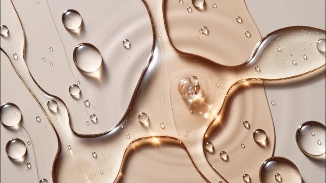 Skincare serum liquid gel on a warm neutral surface with swirls and bubbles on beige background.Slow motion video.AI Generative.