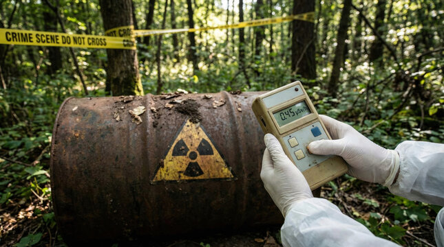 Person Holding Geiger Counter Near Labeled Barrel with Hazard Symbol in Forest Setting