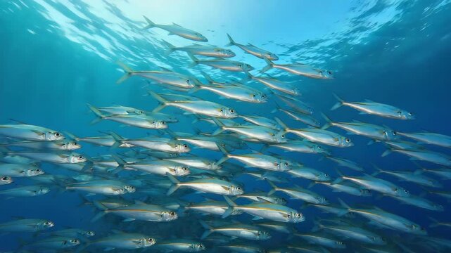 underwater scene with coral reef Fish swimming laterally across frame, steady pace