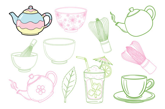 Matcha Tea Utensil and Drink Collection Line Art Vector Illustration Set for Japanese Tea Ceremony Cafe Sticker Tshirt Print and Creative Design