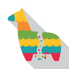 Obraz premium Striped horse pinata cracked open, dropping colorful confetti and sweets