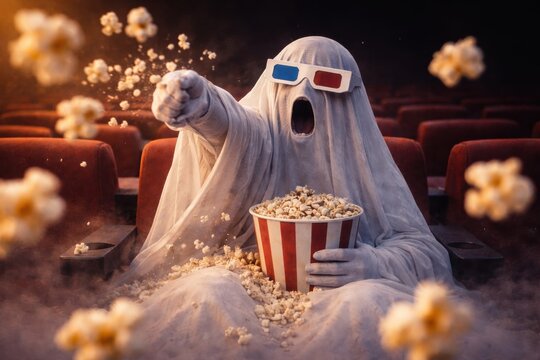 Irritated ghost in 3D glasses sitting in cinema and throwing popcorn at the screen. Funny horror scene, disappointed movie viewer, comic spooky atmosphere.