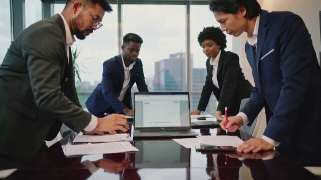 Business meeting in office with review and advice on legal project where people discussing future plan for law case research.Slow motion video.AI Generative.