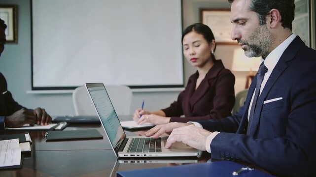 Business meeting in office with review and advice on legal project where people discussing future plan for law case research.Slow motion video.AI Generative.