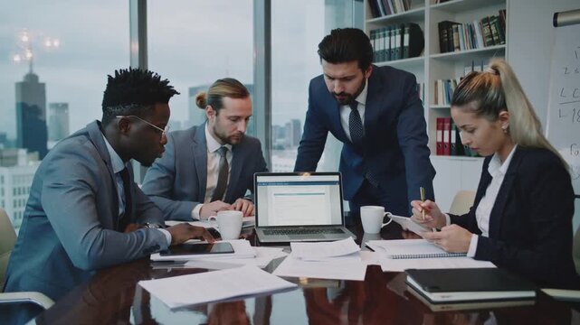 Business meeting in office with review and advice on legal project where people discussing future plan for law case research.Slow motion video.AI Generative.