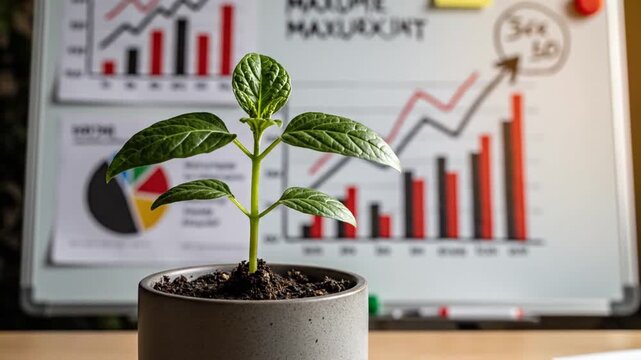 Small green plant in pot on table with graphs on screen