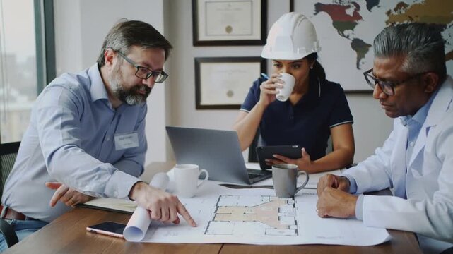 Video of architect and engineer at meeting in construction office with large table and drawings and documents on top of it.Slow motion.AI Generative.